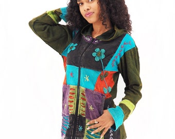 Handmade Patchwork Boho Hippie Hoodie 100% Pre-Washed Cotton Fleece Lined Blue S-M-L-XL