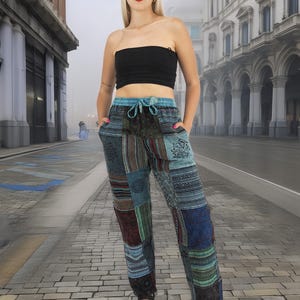 Patchwork Unisex Boho Cotton Hippie Yoga Pants Size S/M-L/XL-XXL Blue
