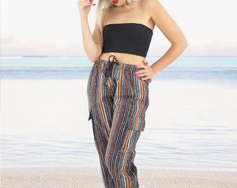 Handmade Casual Boho Hippie Cotton Purple Stripe Pants Multi Color Size S-M-L-XL