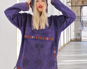 Handmade Boho Hippie Hoodie 100% Pre-Washed Stone-wash Cotton Purple S to 2XL