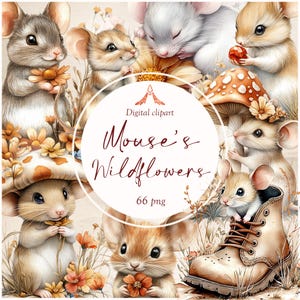 Mouse's Wildflowers Clipart Pack – Botanical Watercolor Flowers PNGs, Cottagecore Aesthetic, Instant Download for Sublimation & Crafts