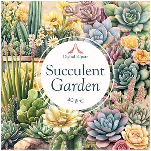 Succulent Garden Clipart Pack – Watercolor Succulents PNG, Greenery Floral, Cactus Clipart, Boho Botanical Graphics for Sublimation & Crafts