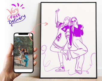 Custom Best Friend Portrait: Cartoon Illustration, Personalized Gift for Sister, Birthday Gift for Her, Custom Minimalist Line Art