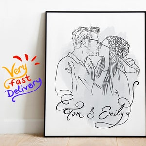 Linear couple drawing, Custom Couple Line Drawing, Engagement Gift, Wedding Portrait, Anniversary Gift, Hand drawn Sketches From Photo