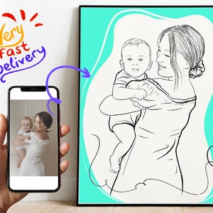 母と子供のウォールアートプリント、母の日のギフト、抽象的な線画、写真からのカスタムデジタル家族ポートレート、娘からのギフト、ギフト