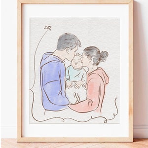 Aquarel lijn mensen portret, handgetekende familie illustratie, aangepaste paar of familie illustratie, pentekening, tekening kunst aan de muur, kunst aan de muur