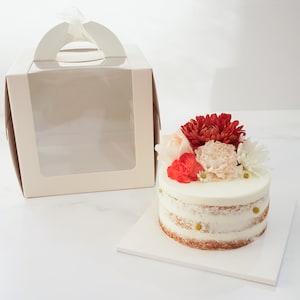 Ivory Tall Cake Box with Window | Pack of 5 | 8 1/4&quot; x 8 1/4&quot; x 7 7/8&quot; Cake Box with Handle | Dessert Box | Bakery Boxes | Birthday Cake Box