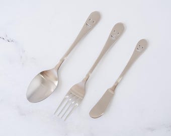 Smiley Face Cutlery | Dessert Spoon | Dessert Fork | Happy Face Spreader | Smiley Face Butter Knife | Stainless Steel Utensils | Flatware