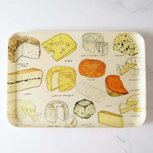 May include: A white rectangular serving tray with a variety of cheeses illustrated on it. The cheeses are labeled with their French names, such as Tomme de Brebis, Gruyere, and Comté.