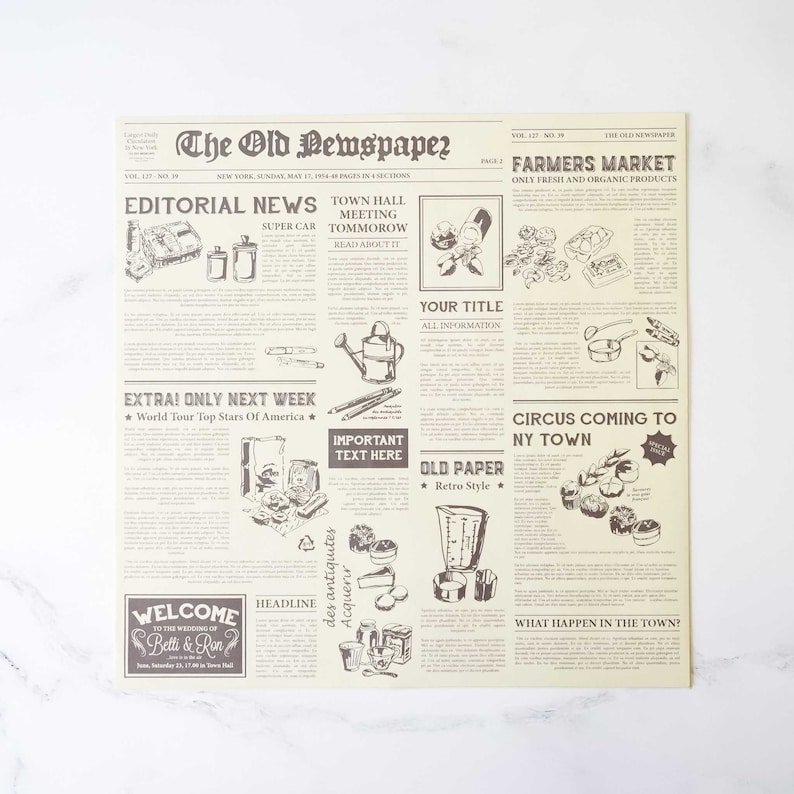 Newspaper Print Deli Paper 25 Sheets 33cm X 33cm Coated Deli Paper Food