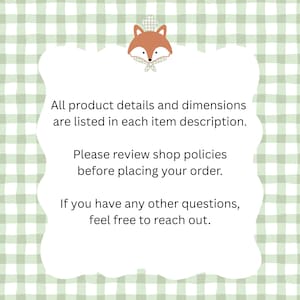 May include: A white, cloud-shaped graphic with text on a green gingham background. The text reads: "All product details and dimensions are listed in each item description. Please review shop policies before placing your order. If you have any other questions, feel free to reach out."