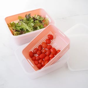 May include: Two pink plastic containers with lids, one with a removable colander insert. The top container has a bed of green lettuce, while the bottom container holds a collection of red cherry tomatoes.