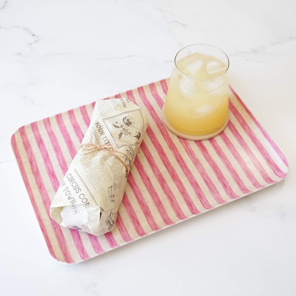 Pink Striped Linen Coated Tray - 2 Sizes | Fog Linen Work | Serving Tray | Food Trays | Decorative Tray