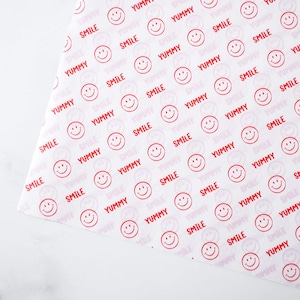 Red Yummy & Smile Printed Deli Paper | 25/50 Sheets | 27 cm x 27 cm Coated Parchment Paper | Food Wrapping Paper | Food Basket Liner