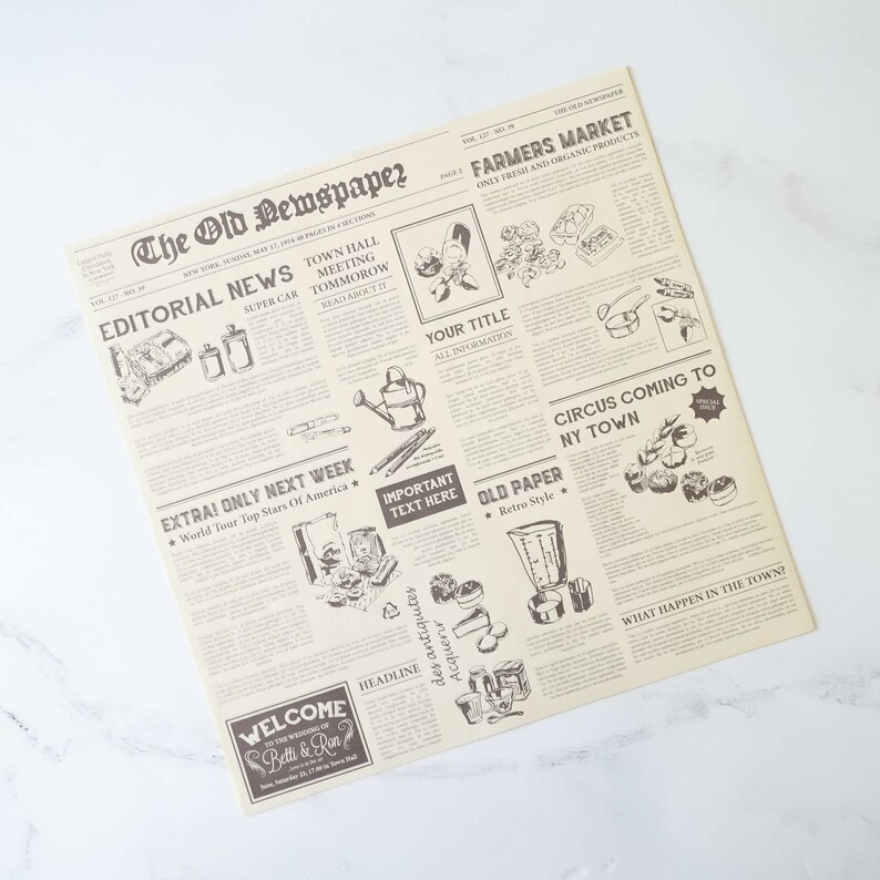 Newspaper Print Deli Paper 25 Sheets 33cm X 33cm Coated Etsy
