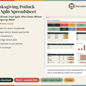 Thanksgiving Potluck Cost Split Spreadsheet | Holiday Dinner Cost Split, Who Owes Whom & Dish Sign Up, RSVP | Google Sheets, Excel