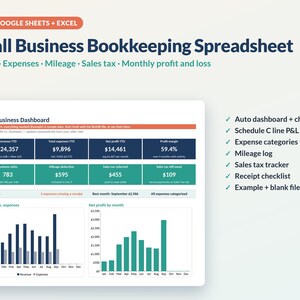 May include: A 2027 small business bookkeeping spreadsheet for Google Sheets and Excel. The dashboard displays financial data including revenue, expenses, net profit, profit margin, mileage, and sales tax with bar charts and monthly trends.