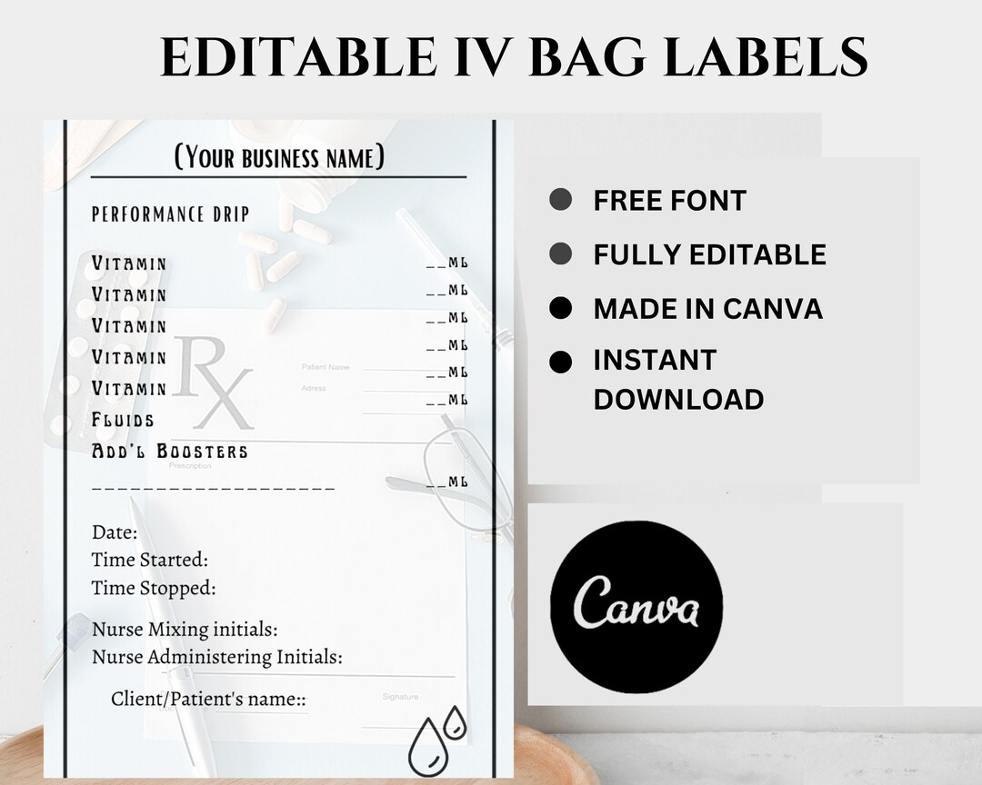 Editable IV Bag Labels, Printable IV Bag Labels, PDF, Iv Hydration