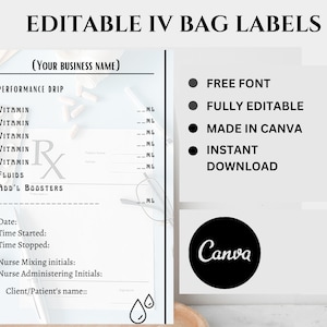 Editable IV Bag Labels, Printable IV Bag Labels, PDF, Iv Hydration Therapy Template, Editable Canva Labels, 4 sizes,