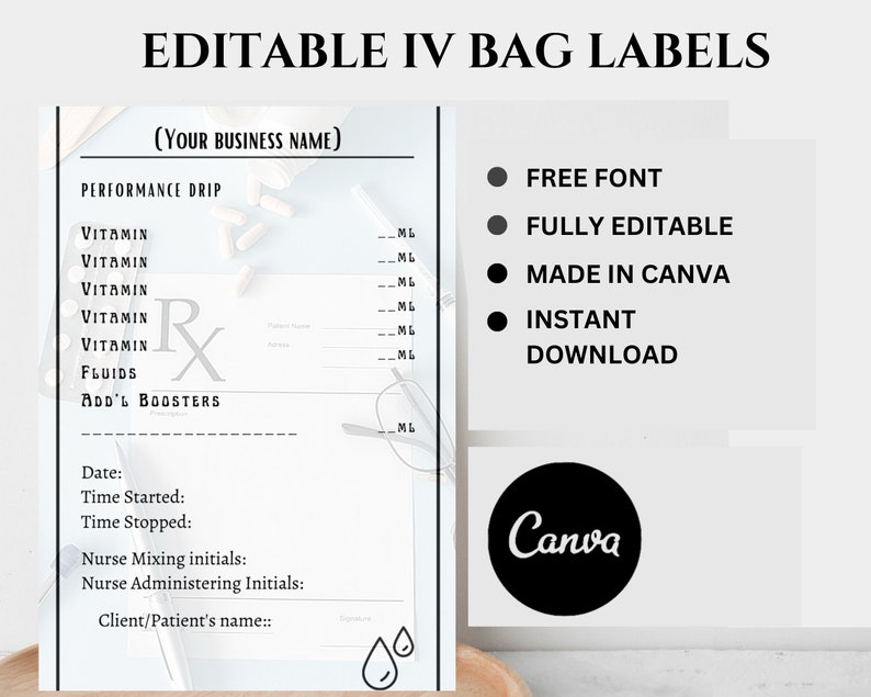 Editable IV Bag Labels, Printable IV Bag Labels, PDF, Iv Hydration Therapy Template, Editable