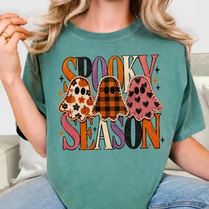 Spöksäsongströja, söt spök-Halloween-tröja, lapptäckt spöktröja, retro Halloween-tröja med grafisk design, kuslig höstgåva