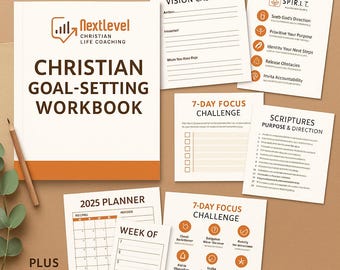 May include: A Christian goal-setting workbook with the text "Christian Goal-Setting Workbook" and "Nextlevel Christian Life Coaching". Includes a 2025 planner, 7-day focus challenge sheets, and other planning materials. The workbook and inserts are on a neutral background.
