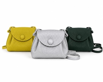 Genuine Leather Crossbody Bag, Small Pebbled Leather Purse, Lime Green Silver Shoulder Bag, Gift for Her