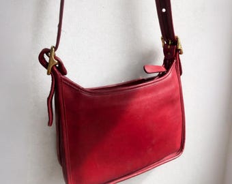 Vintage Red Leather Crossbody Bag, Brass Hardware, 90s Shoulder Purse