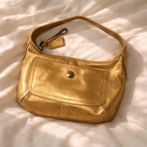 Vintage Coach Metallic Gold Shoulder Bag, Y2K Leather Baguette Purse, Rare Gold Handbag
