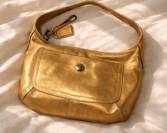 Vintage Coach Metallic Gold Shoulder Bag, Y2K Leather Baguette Purse, Rare Gold Handbag