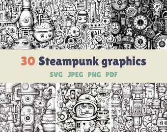 Steampunk Seamless Doodles Graphics Bundle - 30 Scalable SVG Files - Digital Downloads for Versatile Use - A4