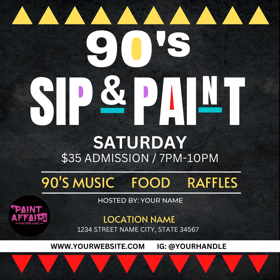 Sip and Paint Flyer. Sip and Paint Invitation, Sip and Paint Event, Painting Event, 90's, 90's