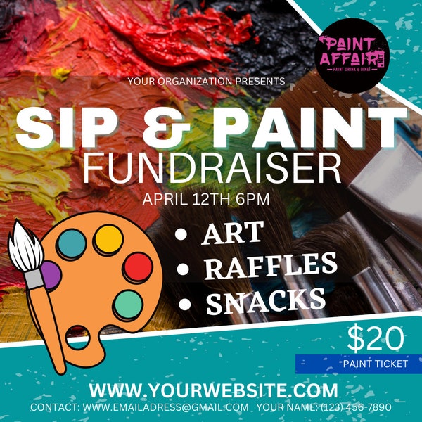 Sip and Paint fundraiser flyer, sip and paint, fundraiser, sip and paint digital flyer, digital flyer, fundraiser ideas, digital templates