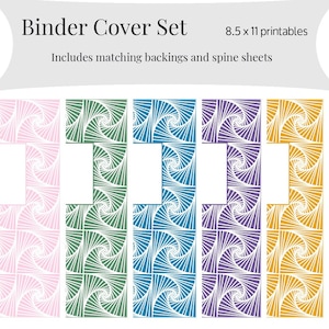 May include: Set of five printable 8.5 x 11 inch binder covers featuring a geometric spiral pattern in pink, green, blue, purple, and yellow.