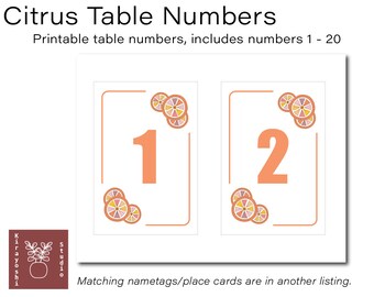 Números de mesa de cítricos / Número de mesa naranja imprimible / Fiesta temática de frutas / Números de mesa para boda, baby shower, despedida de soltera, cumpleaños