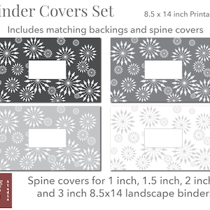 May include: Printable binder covers set with a white firework pattern on a gray background. Includes matching backings and spine covers for 1, 1.5, 2, and 3 inch 8.5x14 landscape binders.