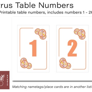 May include: Printable table numbers with a citrus theme. The numbers 1 and 2 are shown in a peach color with a white outline. The background is white with orange citrus fruit illustrations.