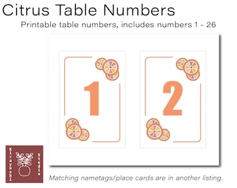 Citrustabelnummers | Oranje tafelnummer afdrukbaar | Fruit Themafeest | Tabelnummers voor bruiloft, babyshower, bruidsdouche, verjaardag