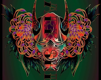 Japanese Oni Demon Mask Hannya, Kiku Flower : oni, mask, japanese culture, digital art, (Ai,PNG,JPEG)