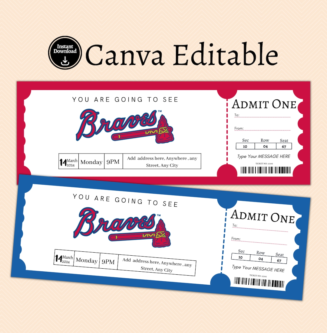 Atlanta Braves Ticket Gift Template, Baseball Ticket, Ticket Template