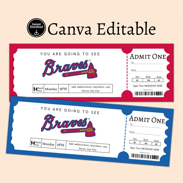 Atlanta Braves Ticket Gift template, baseball Ticket, Ticket template, Keepsake printable Ticket, Surprise ticket, Braves Ticket