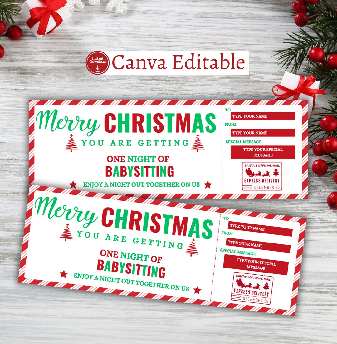 Editable Christmas Babysitting Gift Coupon,babysitting Voucher Template ...