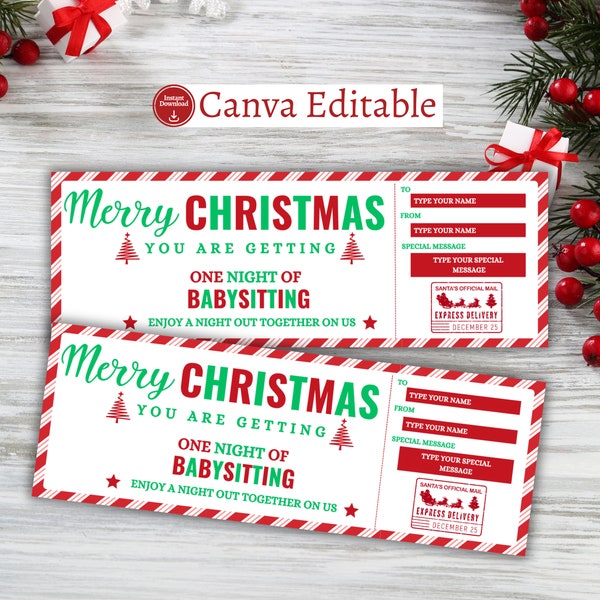 Editable Christmas Babysitting Gift Coupon,Babysitting voucher template ,Babysitting Certificate, Surprise Ticket, New Mom Christmas Gift