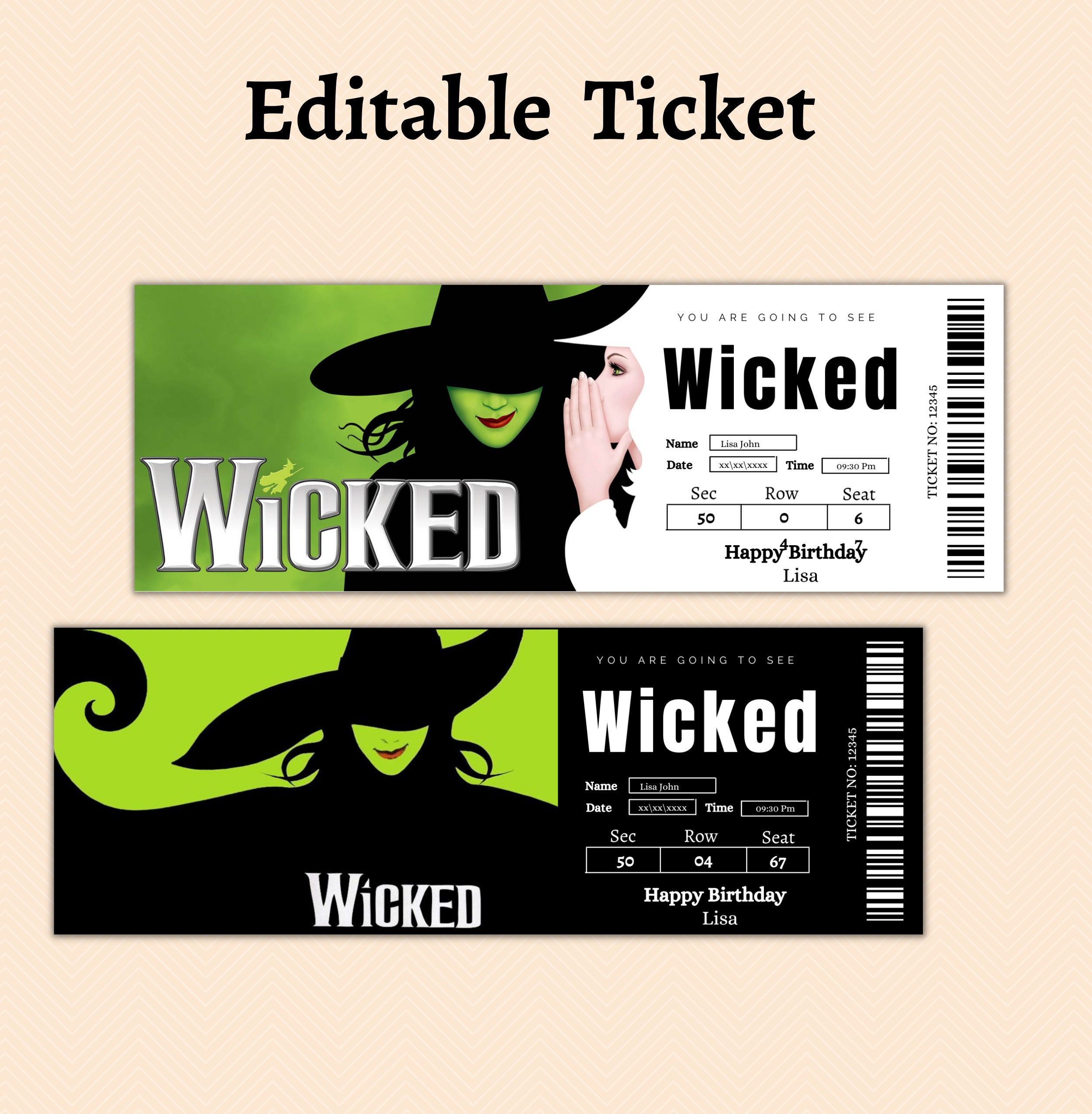 Editable Wicked Musical Surprise Reveal Tickets, Wicked Musical Gift