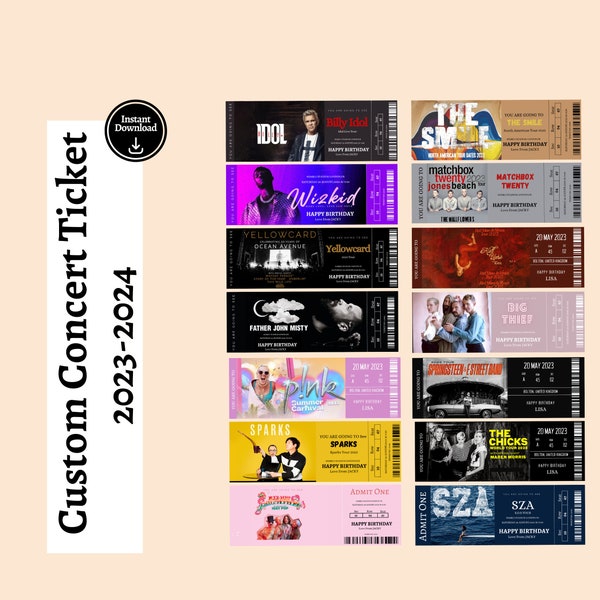 Aangepaste concertkaart 2023-2024, cadeaukaartsjabloon, nepconcertkaart, pdf-sjabloon, geef één ticket toe, souvenirkaart, verjaardagscadeau