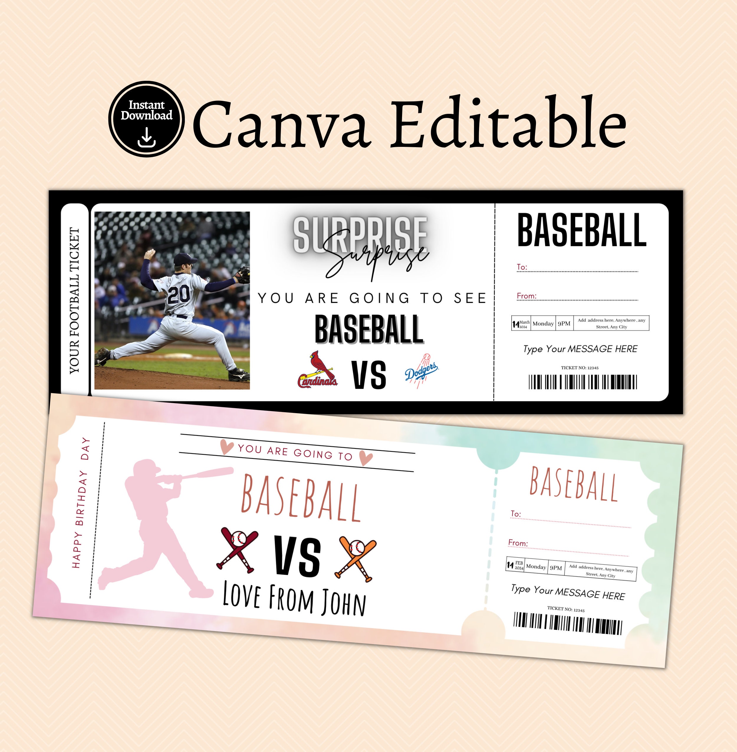 Baseball Ticket Gift Editable Template Surprise Baseball Game 