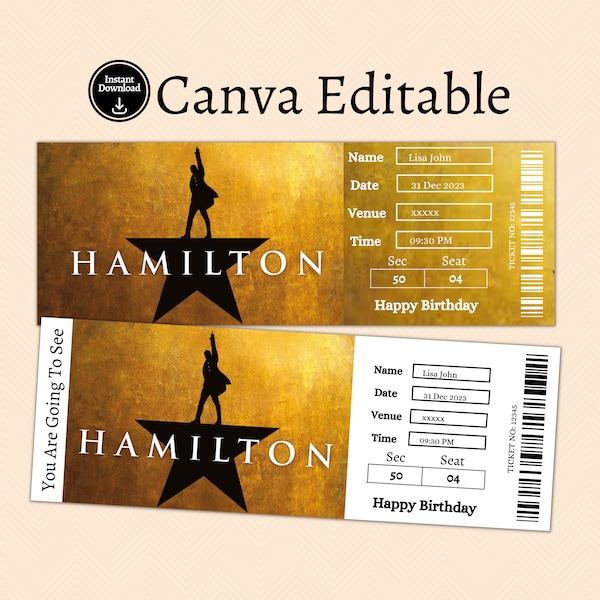 Hamilton Musical Printable Broadway Surprise Ticket, Fake Hamilton Tickets, Editable Theatre Tickets, Hamilton Broadway