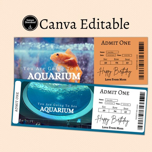 Printable Aquarium Ticket Birthday Gift Template Surprise Etsy