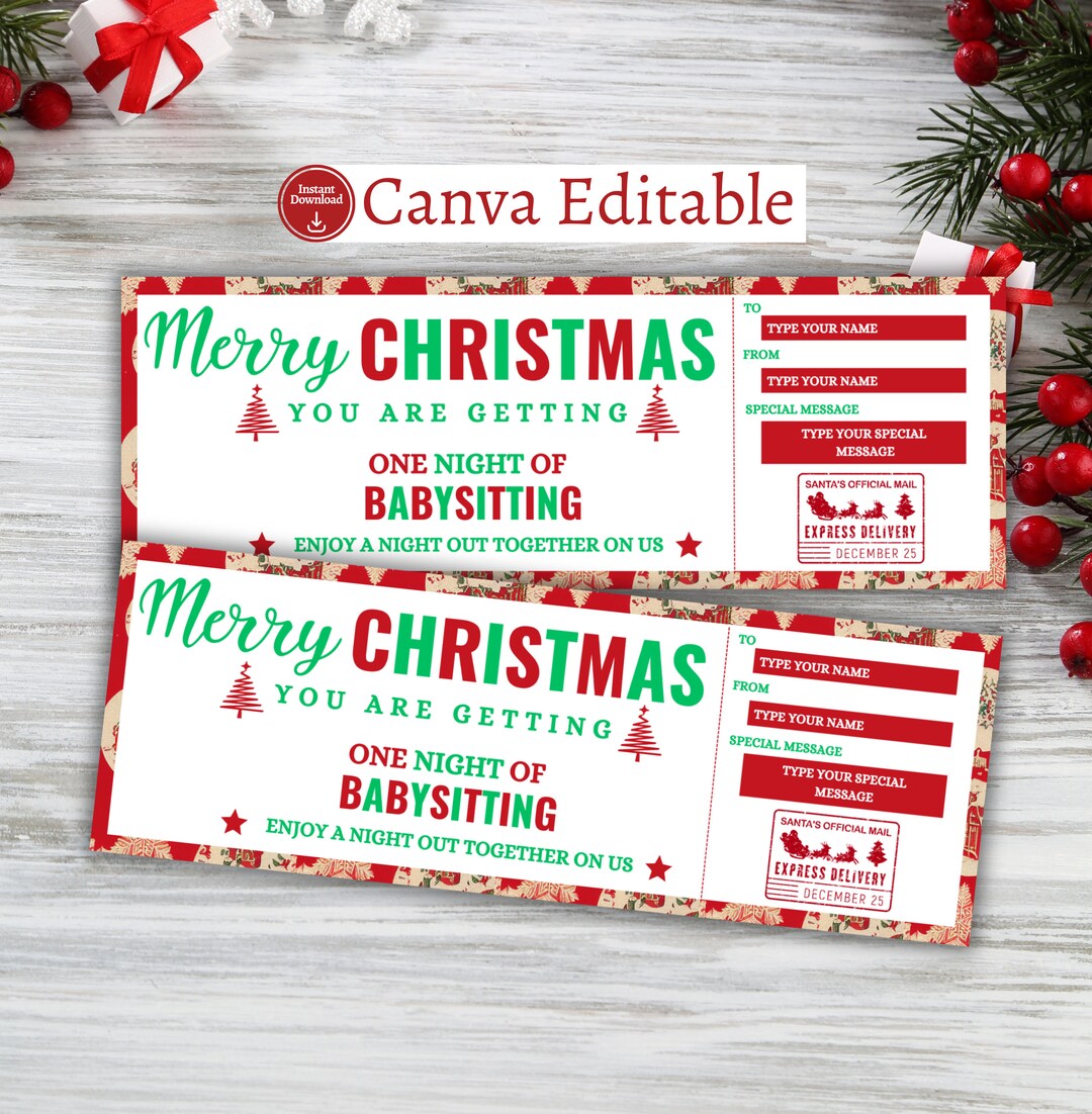 Editable Christmas Babysitting Gift Coupon,babysitting Voucher