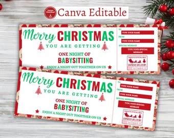 Editable Christmas Babysitting Gift Coupon,Babysitting voucher  ,Babysitting Certificate,Surprise Christmas Ticket, New Mom Christmas Gift
